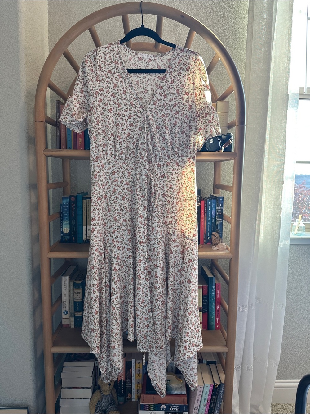 Floral V-Neck Midi Dress in Cream with Dusty Rose Print